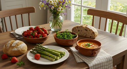 Springtime meal on wooden table