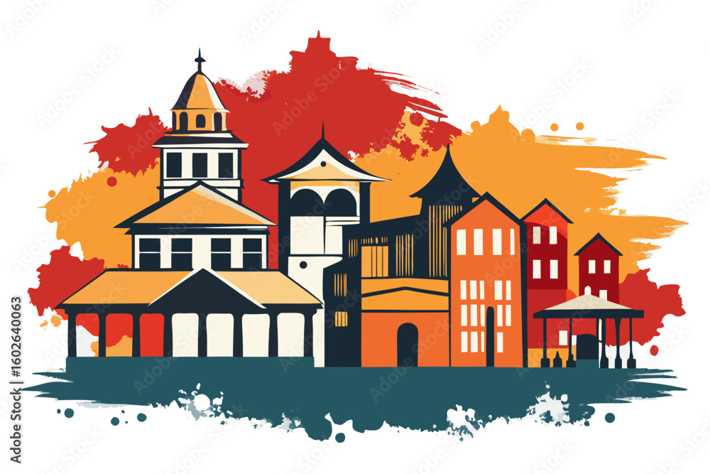 Poster vibrant cityscape illustration showcasing diverse architecture with dynamic abstract paint splatters