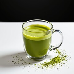 glass mug of freshly whisked matcha showing rich foam layer and vibrant green texture