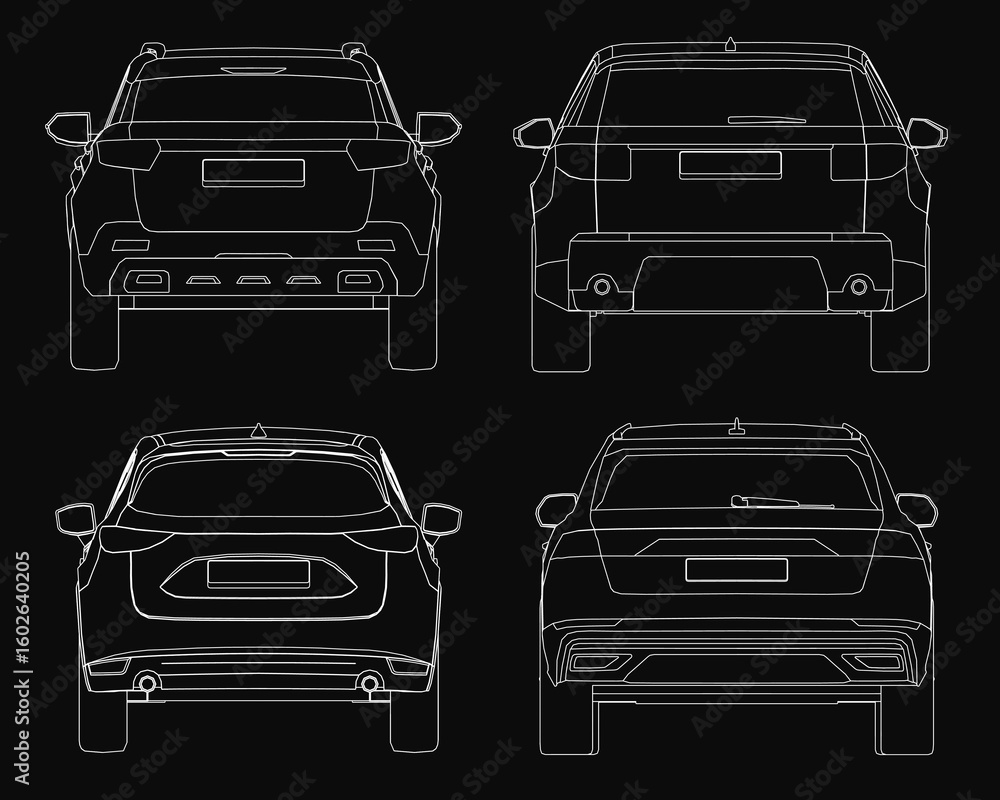 Poster four identical car blueprints displayed in precise contour outlines on a black background. the set i
