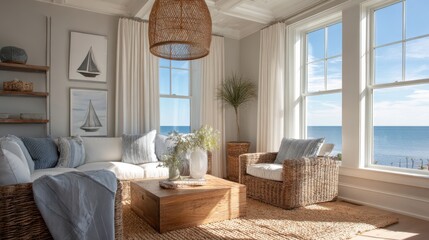 Clean and coastal: jute rug underfoot, wicker ceiling lamp above, rattan seating by large sunlit windows with a view of the sea and nautical wall accents.