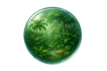 Glass orb encapsulating verdant tropical landscape, featuring palm trees, lush ferns, trickling stream on clear backdrop