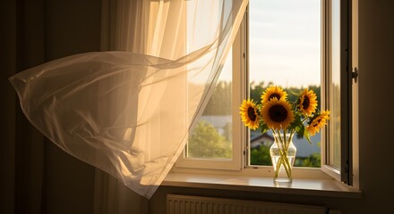 Sunflowers in a window with blowing curtains