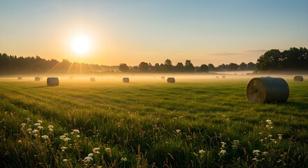 Sunrise in rural meadow with hay bales