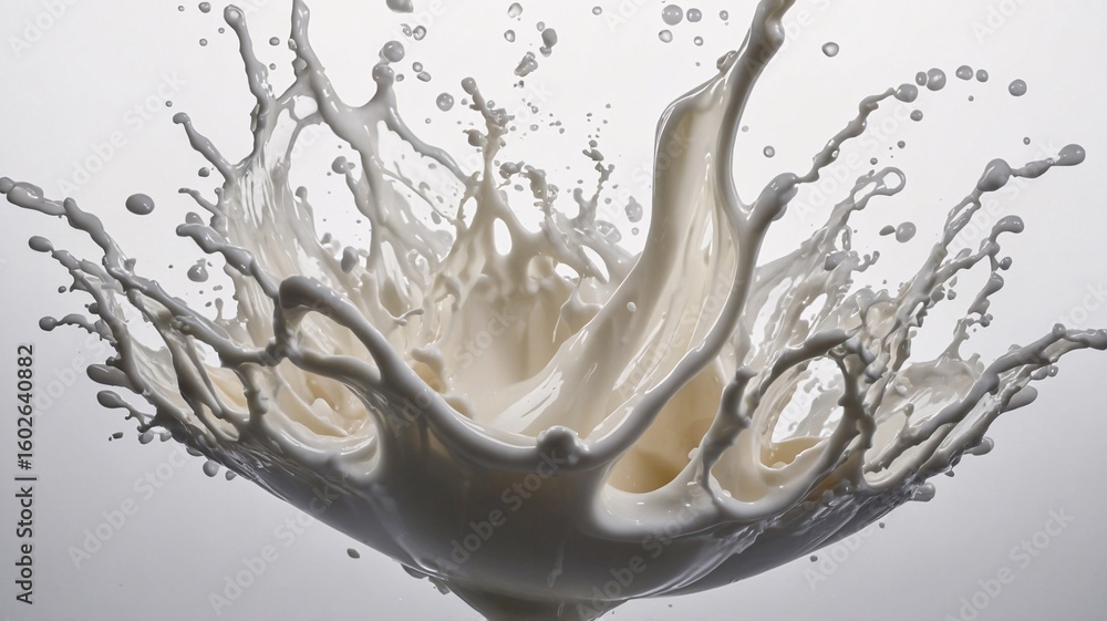 Poster a dynamic splash of white milk creating an artistic display against a minimalist background.
