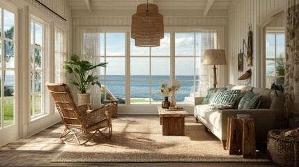 Fototapeta premium Cozy cottage living room with jute rug, rattan chair, and wicker pendant lamp. Warm sunlight pours through huge ocean-view windows. Nautical-themed decor completes the vibe.
