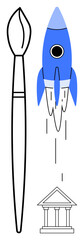 Paintbrush, rocket, and ancient temple represent creative art, innovation, and knowledge. Ideal for education, creativity, design entrepreneurship innovation art and achievement themes. Simple