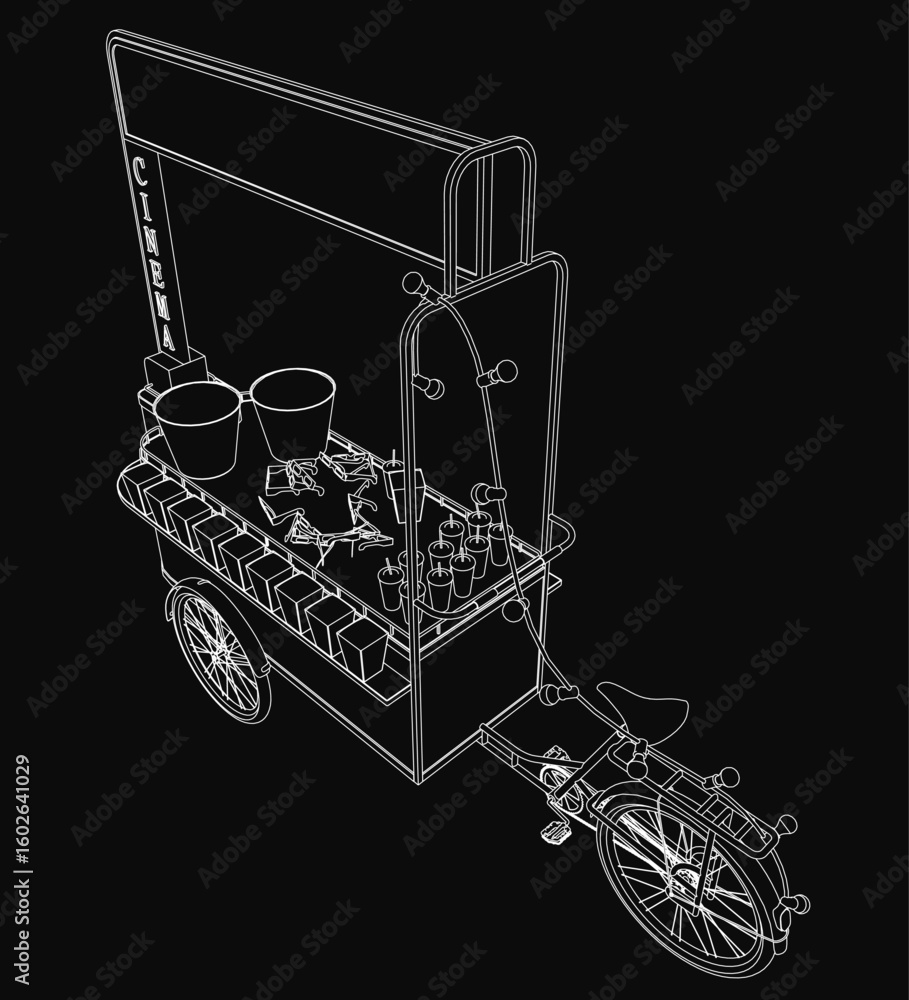 Poster a black and white bicycle with a cart attached carries buckets and various objects, drawn in clean c