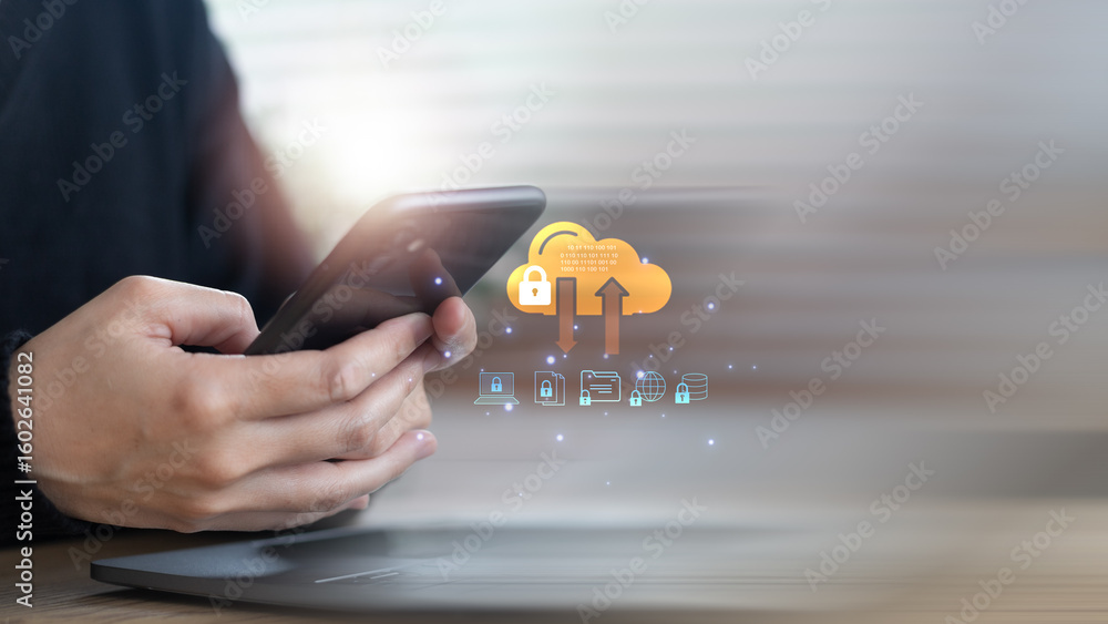 Poster hand holding smartphone with cloud data transfer icon, showcasing secure cloud storage, cybersecurit