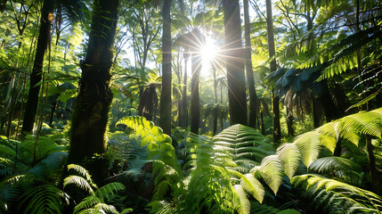 Sunlight streams through a vibrant, lush forest canopy highlighting dense ferns and ancient trees in a breathtaking natural spectacle.
