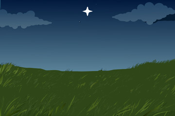Cartoon Night Landscape with Grass Clouds and Stars in a Peaceful Scene