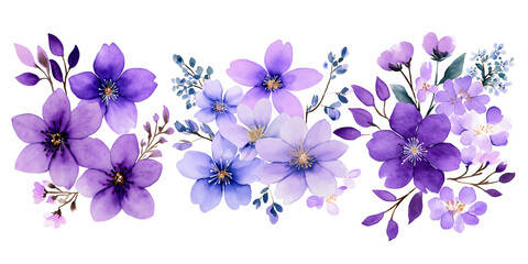 Watercolor flowers in purple and blue hues, isolated on a transparent background. Elegant floral design perfect for branding, packaging, or seasonal illustrations.