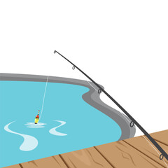 vector illustration of fishing in a fish pond from a wooden bridge