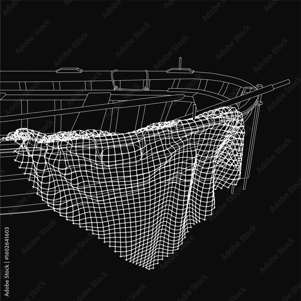 Poster a 3d model of a fishing net with intricate small circles and lines, designed for lightweight use. th