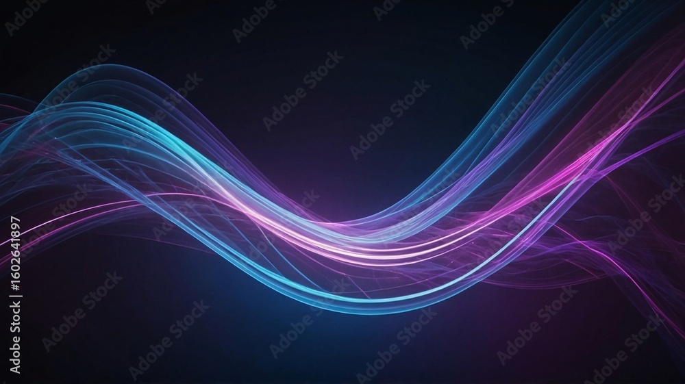 Poster abstract flowing waves in vibrant blue and purple shades create a dynamic visual on a dark backgroun