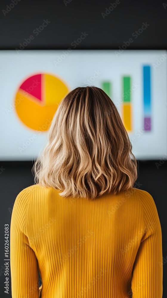 Poster a woman in a yellow top views colorful charts displayed on a screen, focusing on data analysis and p
