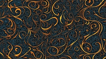 Intricate golden swirls on a dark blue background create a visually striking pattern.