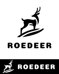 Minimalist silhouette logo of a roe deer standing on a hill in black and white 