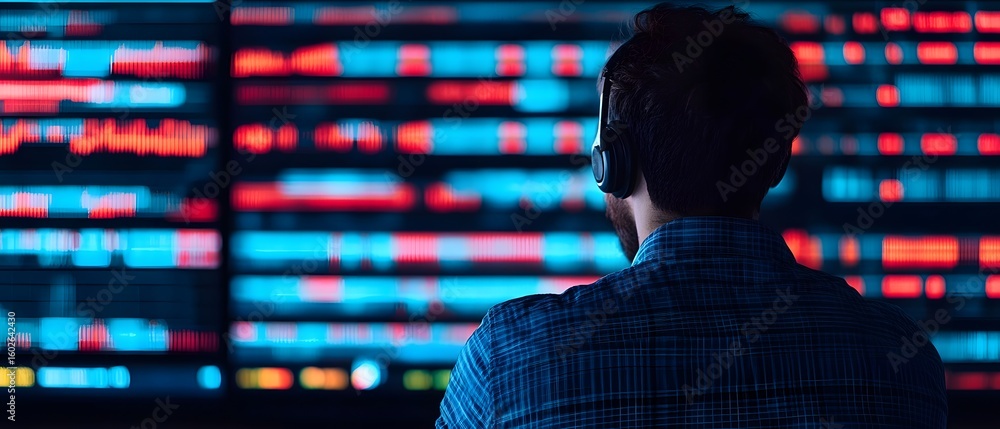 Poster a man wearing headphones monitors colorful digital data streams on multiple large screens in a dark 