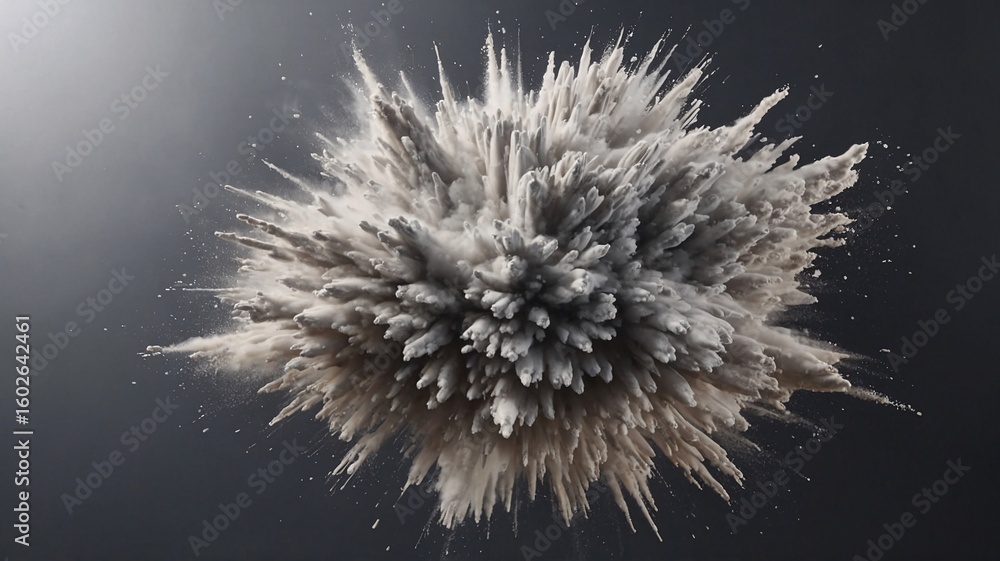 Poster a dynamic explosion of gray powder creating a dramatic visual effect and conveying motion and intens