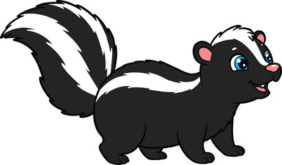 Fototapeta premium Adorable cartoon skunk character with fluffy tail and white stripe, perfect for kids’ books, posters, and educational illustrations
