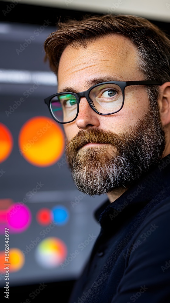 Poster a man with glasses and a beard looks thoughtfully at the camera, with colorful data visualizations d