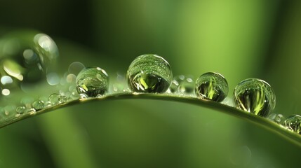 extreme close up of dew on glass with garden refraction and smooth bokeh