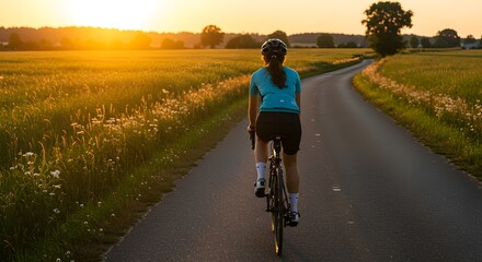 Woman cycling on country road at sunset