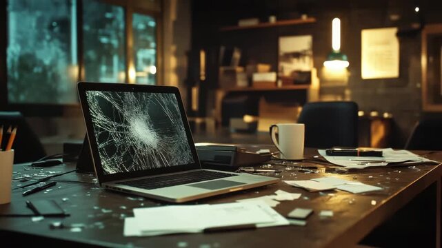 Broken laptop screen shattered glass scattered on wooden desk with office supplies papers pen coffee cup dim light workspace creating tense chaotic atmosphere and disruption