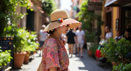 Woman in colorful dress walking down a city alley