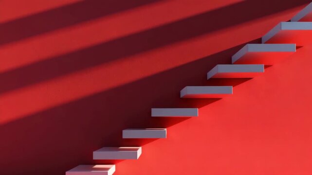 Floating white stair design on vibrant red wall with shadow patterns, showcasing modern minimalistic style and dynamic geometric shapes creating striking architectural contrast and depth