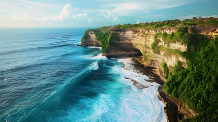 Stunning turquoise ocean waves crash against lush green cliffs on a sunny tropical day, evoking paradise and adventure
