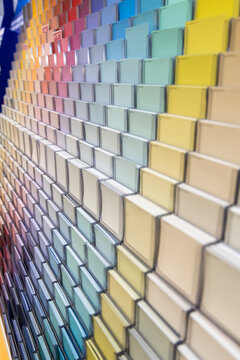paint colour samples on display in a store