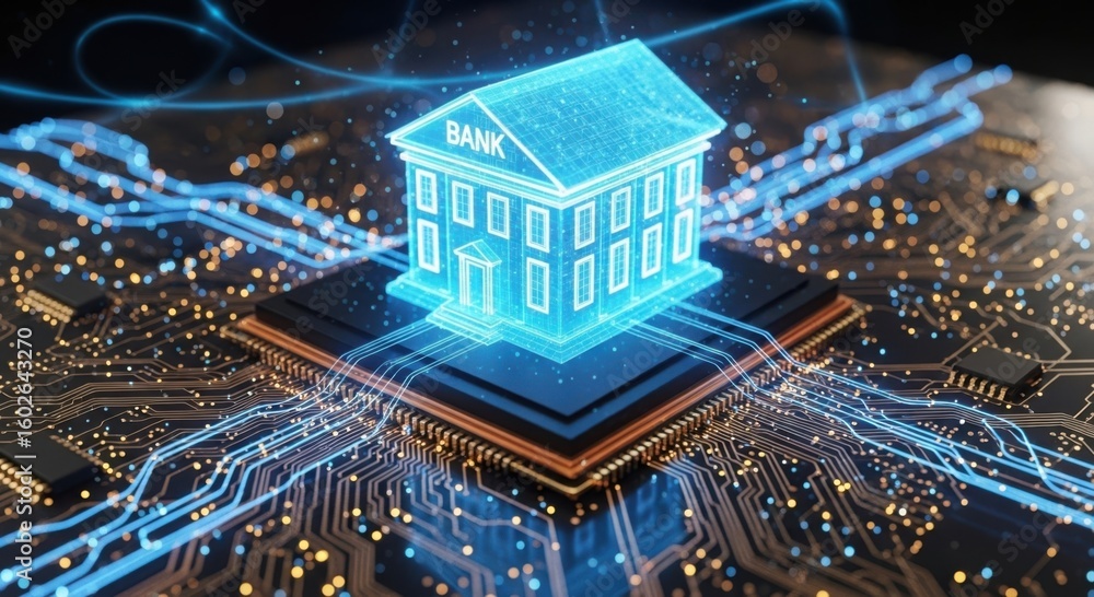 Aufkleber digital bank building hologram illuminated on futuristic microchip circuit board symbolizing fintech