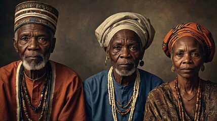 Naklejka premium Three elderly individuals, showcasing rich cultural heritage through traditional attire and jewelry.