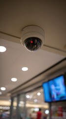 High quality photo of dome camera in retail environment, ceiling mounted with protective housing.