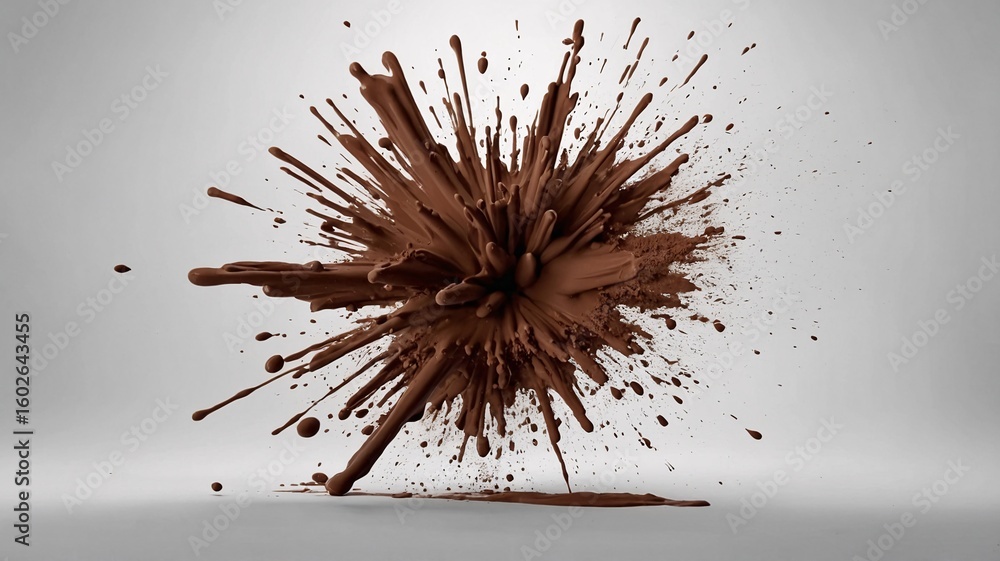 Poster dynamic explosion of rich chocolate splatter on a neutral background, creating a striking visual eff