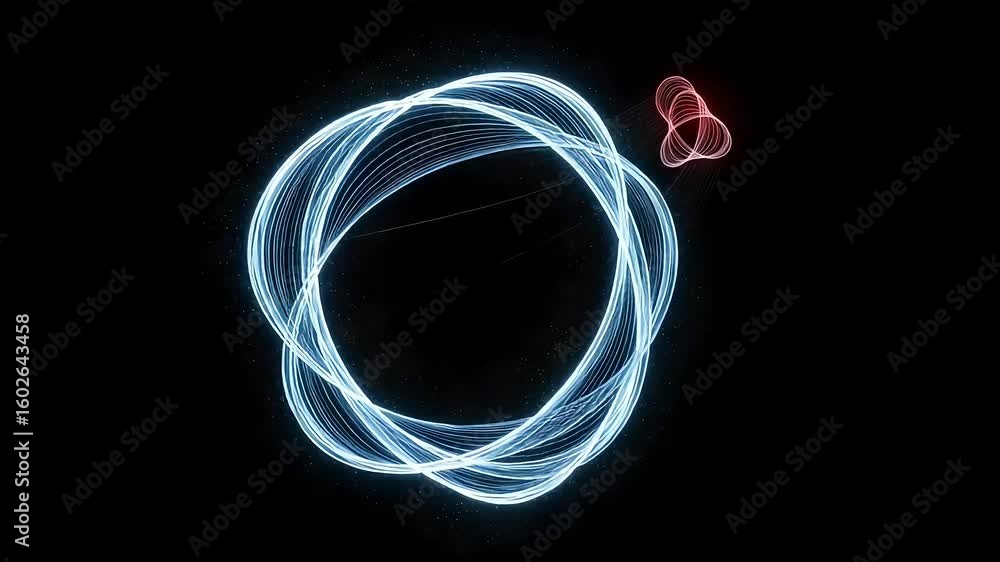 Poster an intricate, glowing blue wireframe vortex orbits in dark space, with a smaller red atomic structur