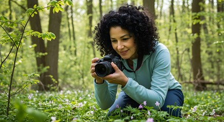 Woman taking photo of wildflowers in forest