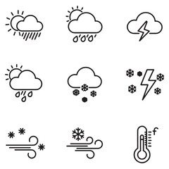 Fototapeta premium Simple black and white weather icon set representing various weather conditions and temperature
