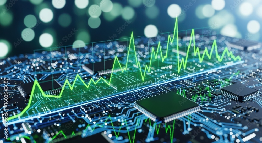 Poster digital data visualization overlayed on a complex electronic circuit board with glowing bokeh lights