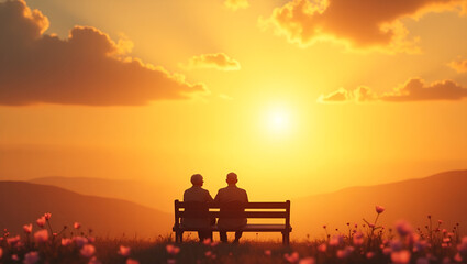 Obraz premium senior couple sitting on bench at sunset/ Happy senior couple copy space background