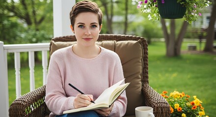 Woman writing outdoors