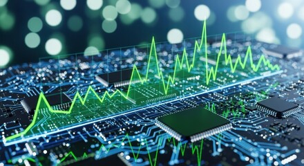 Digital data visualization overlayed on a complex electronic circuit board with glowing bokeh lights representing technological advancement and financial market trends