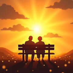 Obraz premium senior couple sitting on bench at sunset/ Happy senior couple copy space background