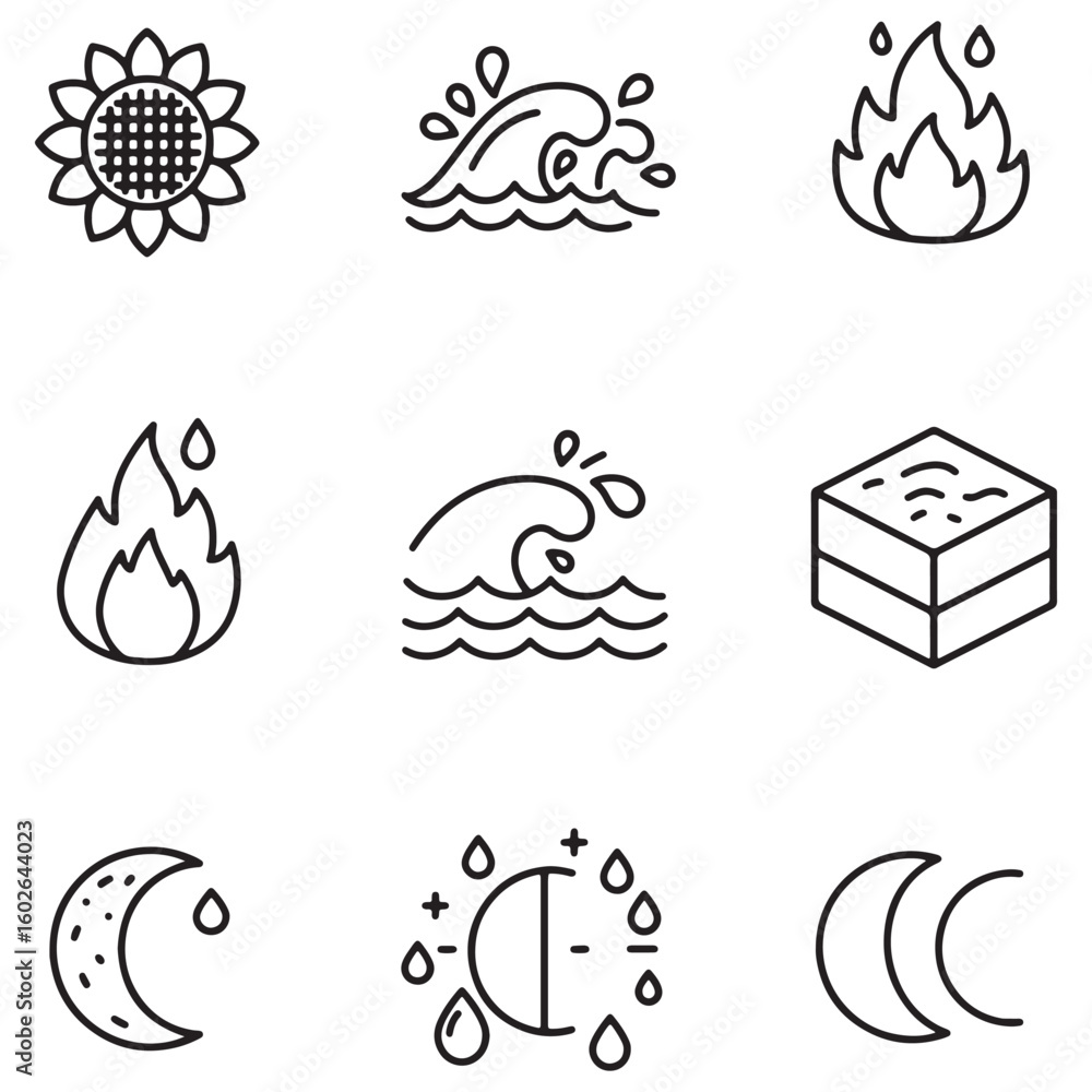 Poster simple hand drawn vector icons representing natural elements and concepts on a white background