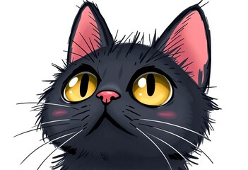 Obraz premium Whimsical black cat with large, curious eyes looking upward, sketchy art style, shadow, black cat