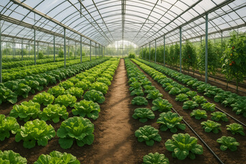 Greenhouse filled with lush lettuce crops under clear roof