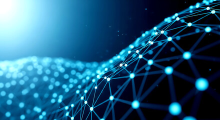 Abstract blue network of glowing nodes and lines on dark background connection technology