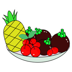 A fruit bowl featuring pineapple, mangosteens, and cherries. 